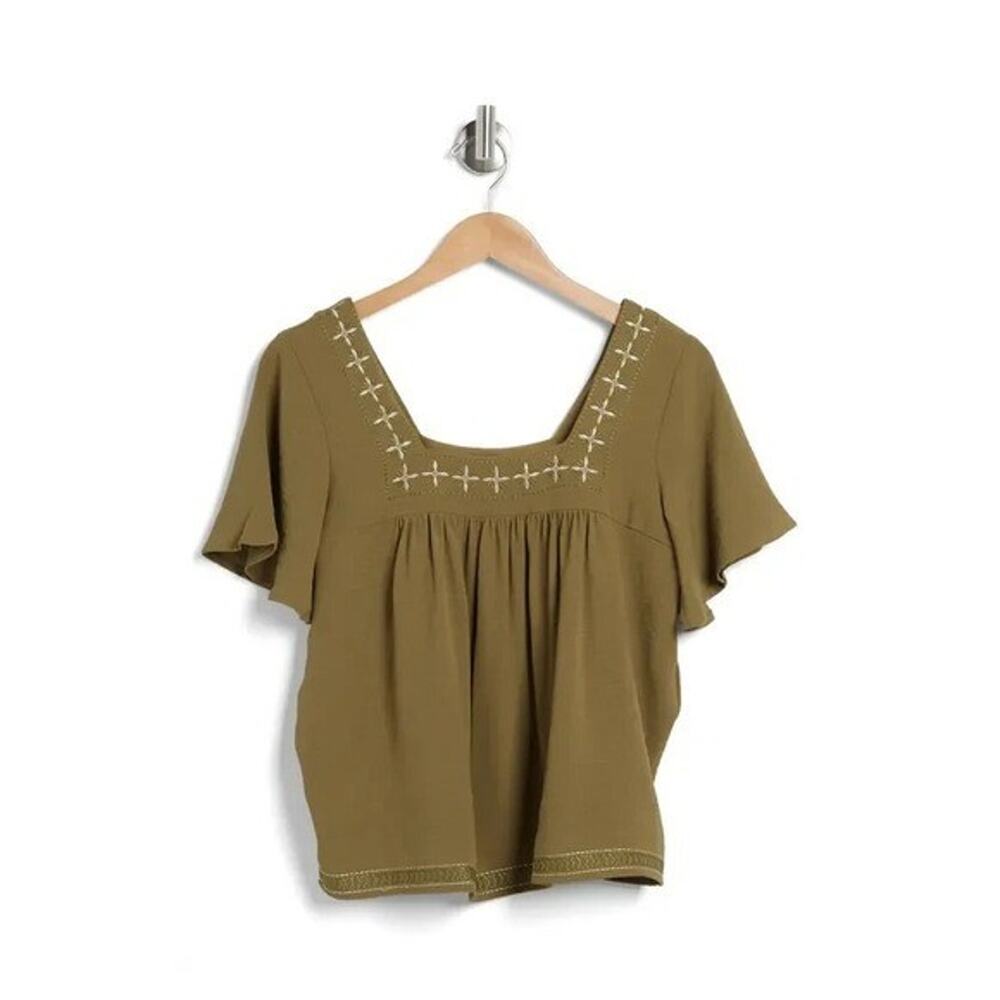 BOBEAU Embroidered Airflow Top In‎ Olive Small NWT